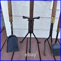 Seymour Long Handle 4 Piece FirePlace Complete Tool Set Metal Brass Wood Vintage