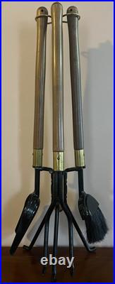 Seymour Mid Century Modern Long Handle 4 Piece Fireplace Tools Metal Brass Wood