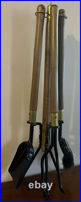 Seymour Mid Century Modern Long Handle 4 Piece Fireplace Tools Metal Brass Wood