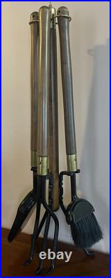 Seymour Mid Century Modern Long Handle 4 Piece Fireplace Tools Metal Brass Wood