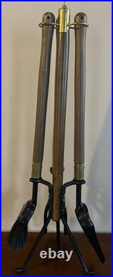 Seymour Mid Century Modern Long Handle 4 Piece Fireplace Tools Metal Brass Wood