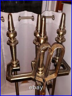 Solid BRASS hii Brand Vintage 5 Piece FIREPLACE TOOL SET with Stand TAIWAN
