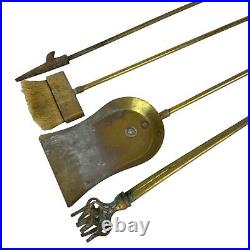 Solid Brass Duck Head Fireplace Tool Set 5 piece Standing Heavy Vtg 80s Patina