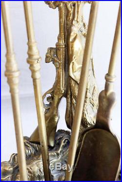 Solid Brass Fireplace Tool Set Hunting Scene Rifle & Dog Baroque