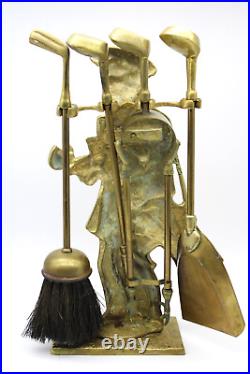 Solid Brass Golfer Fireplace Tools Set & Stand 14 Tall Clubs/Bag Golf