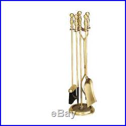 Solidly Revited Design Sturdy Antique Brass plated 4 pieces fireplace tool set