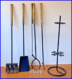 Studio Brass Metal Wrought Iron Brutalist Sculptural Fireplace Tool Set Mcm Vtg