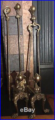 Stunning Antique Brass Ball & Claw Fireplace Set, Andirons, Fire Dogs. Tools