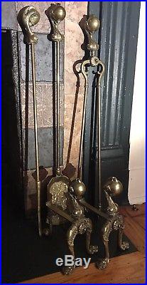 Stunning Antique Brass Ball & Claw Fireplace Set, Andirons, Fire Dogs. Tools