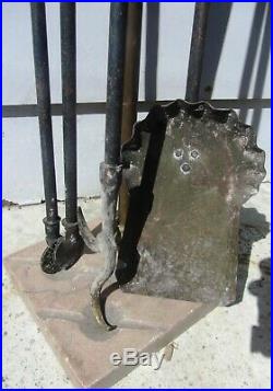 Stunning Rare Antique Brass Fireplace Tool Set Hearth Fire 19th Century with Stand