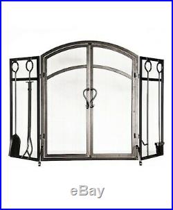 Style Selections, Steel 3-Panel Arched Twin Fireplace Screen and Tool Set, Black