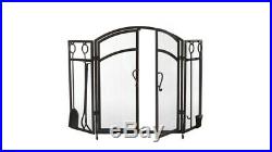 Style Selections, Steel 3-Panel Arched Twin Fireplace Screen and Tool Set, Black