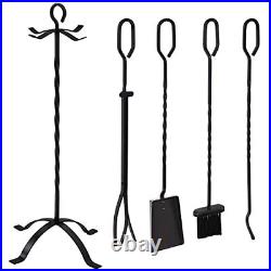 Sunnydaze 5-Piece Steel Fireplace Tool Set with Stand Heavy-Duty Black Poker