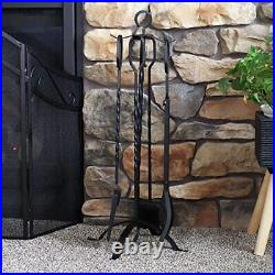 Sunnydaze 5-Piece Steel Fireplace Tool Set with Stand Heavy-Duty Black Poker