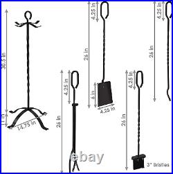 Sunnydaze 5-Piece Steel Fireplace Tool Set with Stand Heavy-Duty Black Poker