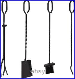 Sunnydaze 5-Piece Steel Fireplace Tool Set with Stand Heavy-Duty Black Poker