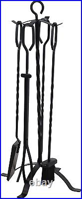 Sunnydaze 5-Piece Steel Fireplace Tool Set with Stand Heavy-Duty Black Poker