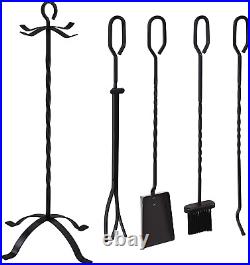 Sunnydaze 5-Piece Steel Fireplace Tool Set with Stand Heavy-Duty Black Poker