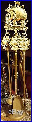 Tall ANTIQUE BRASS FIREPLACE TOOLS, Mayflower Ship, 4 PIECES & STAND, Peerage UK