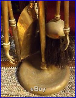 Tall ANTIQUE BRASS FIREPLACE TOOLS, Mayflower Ship, 4 PIECES & STAND, Peerage UK