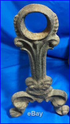 True Antique HEAVY Cast Iron Andiron Art Deco Nouveau Pair Set Fireplace Tool