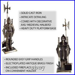 Unbranded 3-Piece Fireplace Tool Set+Medieval Knight Stand 29 Antique Bronze