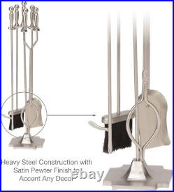 UniFlame, F-7547, 5-Piece Satin Pewter Fireplace Tools Set with Pedestal Place