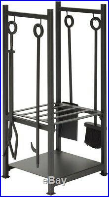 UniFlame Fireplace Tool Set Log Rack 2-Shelves Black Wrought Iron (4-Piece)