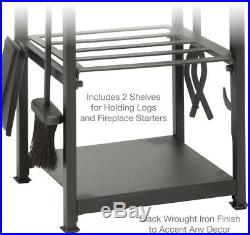 UniFlame Fireplace Tool Set Log Rack 2-Shelves Black Wrought Iron (4-Piece)