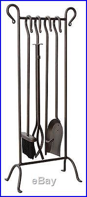 Uniflame Bronze Finish 5-Pc Inline Fire Set Fireplace Tools with Crook Handles