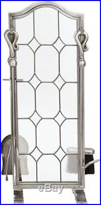 Uniflame Pewter Finish Iron Fireplace Tools 5-pc Set with Leaded Glass Stand