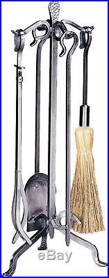Uniflame Pewter Finish Wrought Iron 5-Pc Fire Set Fireplace Tools Crook Handles