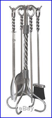 Uniflame Stainless Steel 5-Pc Fire Set Fireplace Tools with Ring Twist Handles
