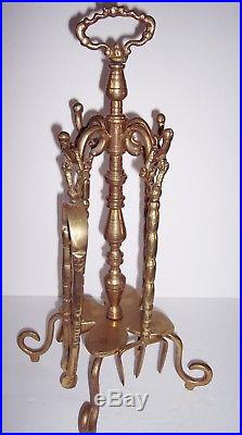 Unique Brass Antique Fireplace Set of 4 Tools with Stand. Heavy