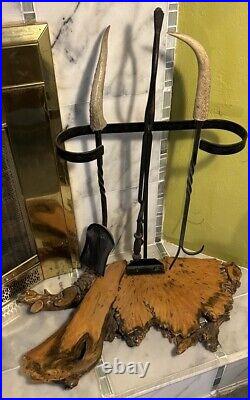 Unique Vintage 50's Natural Form Wood Iron And Steer Horns Fireplace Tool Set