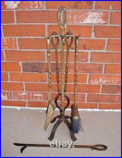 Used Custom-Made Textured Brass-Finish Hand-Wrought IRON Fireplace Tool Set