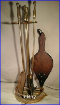 VINTAGE 4 PIECE BRASS SET OF BALL HANDLE FIREPLACE TOOLS PLUS BELLOWS