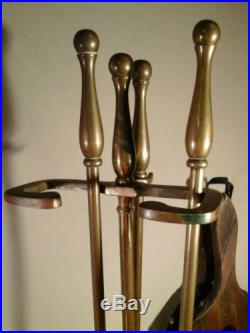 VINTAGE 4 PIECE BRASS SET OF BALL HANDLE FIREPLACE TOOLS PLUS BELLOWS
