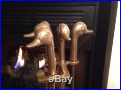 VINTAGE 5 PIECE BRASS SET OF DUCK HEAD FIREPLACE TOOLS WITH STAND