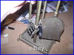 VINTAGE 5 PIECE BRASS SET OF DUCK HEAD FIREPLACE TOOLS WITH STAND