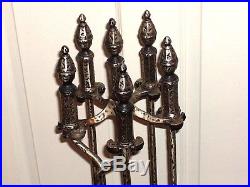 VINTAGE 5 pcs Fireplace Tools Set Gilded Dark Silver Plated Metal w Oval Stand