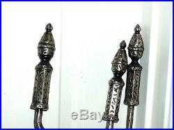 VINTAGE 5 pcs Fireplace Tools Set Gilded Dark Silver Plated Metal w Oval Stand
