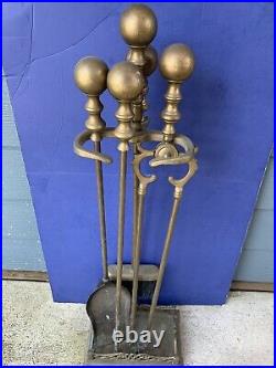 VINTAGE BRASS FIREPLACE TOOL SET WithBALL HANDLE USED