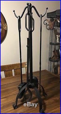 VINTAGE Black Wrought Iron 4 Pc FIREPLACE Tool SET withStand