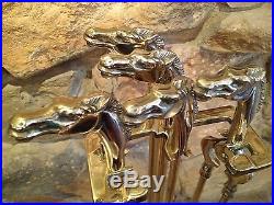VINTAGE HORSE HEAD MUSTANG BRASS SET OF FIREPLACE TOOLS 5 PIECE SET & STAND