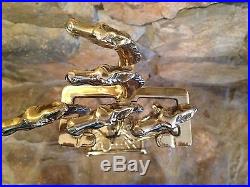 VINTAGE HORSE HEAD MUSTANG BRASS SET OF FIREPLACE TOOLS 5 PIECE SET & STAND
