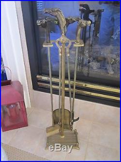 Vintage Horse Head Mustang Brass Set Of Fireplace Tools 5 Piece Set Stand Poker