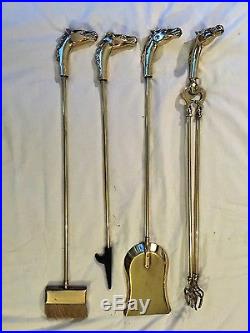 VINTAGE LARGE HORSE HEAD MUSTANG BRASS SET OF FIREPLACE TOOLS 5 PIECE SET