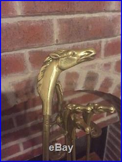 Vintage Large Horse Head Mustang Brass Set Of Fireplace Tools 5 Piece Set