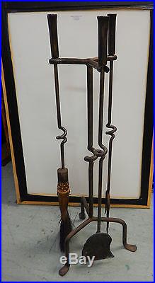 Vintage Modern Artisan Crafted Hand Forged Iron Fireplace Tool Set 3 Tools